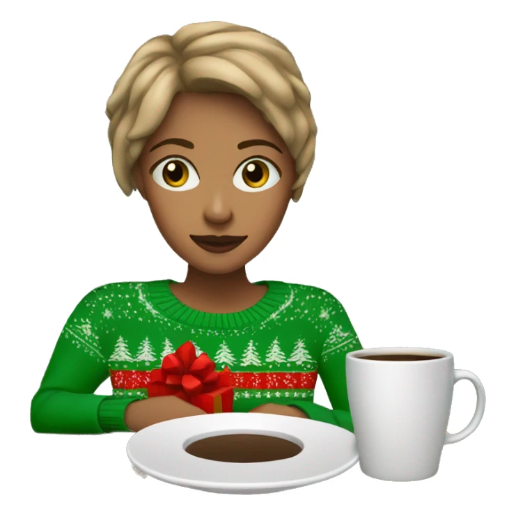 Light brown short haired girl with green eyes drinking coffee wearing blue Christmas sweater sticker