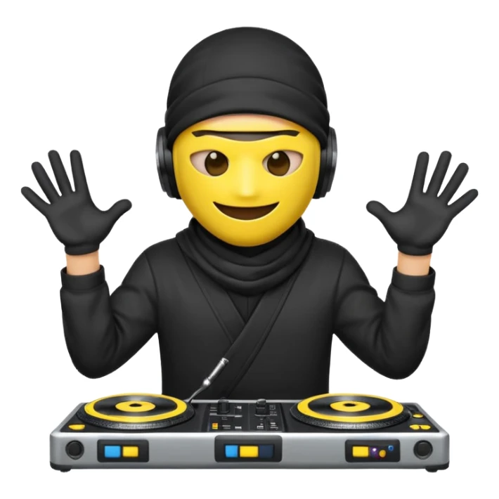 Make a customized yellow head emoji with hands and holding a dj turn table  in a  ninja face mask sticker