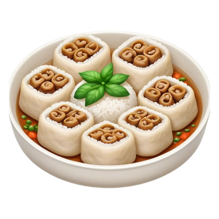 Cinematic Realistic B√°nh cu·ªën Dish Emoji, featuring steamed rice rolls filled with savory minced pork and mushrooms rendered with soft textures and inviting, warm lighting. sticker