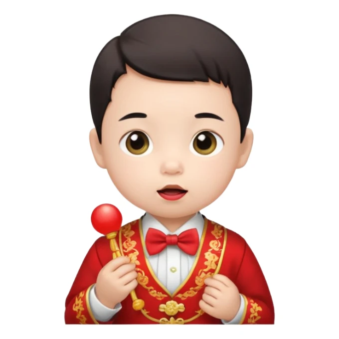 baby guy, pacifier, wearing chinese royal ancient custome, red bow tie sticker