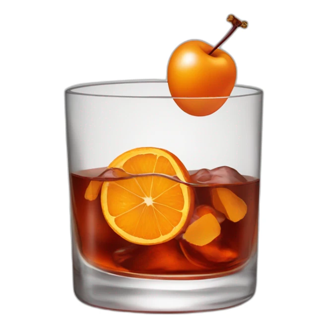 a bourbon, old fashioned in a rocks glass with a cherry in it and a twisted orange peel sticker