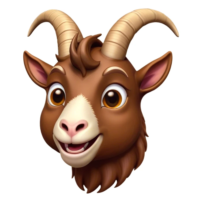 Cinematic Comical Brown Goat Portrait Emoji, Head tilted dramatically with an exaggeratedly amused expression, featuring a sleek brown fur with distinct, quirky curved horns, wide, expressive eyes filled with playful disbelief, Simplified yet hilariously expressive features, highly detailed, glowing with a slightly sassy glow, high shine, dramatic yet playful, stylized with an air of cheeky mischief, bright and endearing, soft glowing outline, capturing the essence of a spirited and over-the-top goat, so meme-worthy it feels like it could side-eye its way into internet fame instantly! sticker