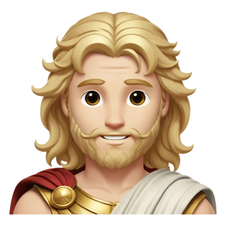 Cinematic Realistic Thor Portrait, head tilted playfully and inquisitively, showcasing his classical Greek god allure with a relaxed, yet commanding presence. His fair, radiant skin and flowing, wavy golden hair are highlighted by a gentle smile and twinkling, approachable eyes. Clad in a gracefully draped white toga with subtle golden embellishments, he exudes a lighthearted yet powerful charm under soft, natural lighting. sticker