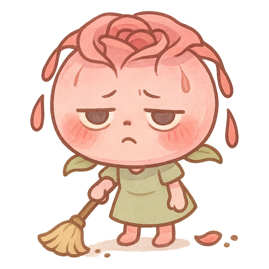 chibi style round pink rose flower, puffed cheeks, tired eyes, sweeping the floor, petals drooping, pastel colors, full-body sticker