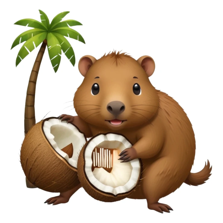 A capybara with a coconut body and the head comes out of the small opening in the coconut with arms and legs with four legs on the floor sticker