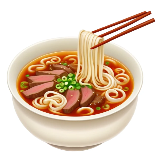 Lanzhou beef noodle soup with hand-pulled noodles, simplified emoji style with bold outlines and bright colors, cartoon style Gansu specialty La Mian sticker