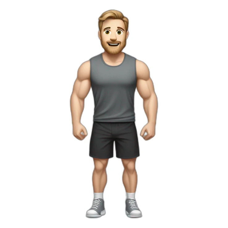 Full height realistic Actively gesturing with hands Pale skinned Fit Man With the biceps and brown hair in dark gray Sleeveless Mike, black oversize sports shorts, watch and white Sneakers sticker