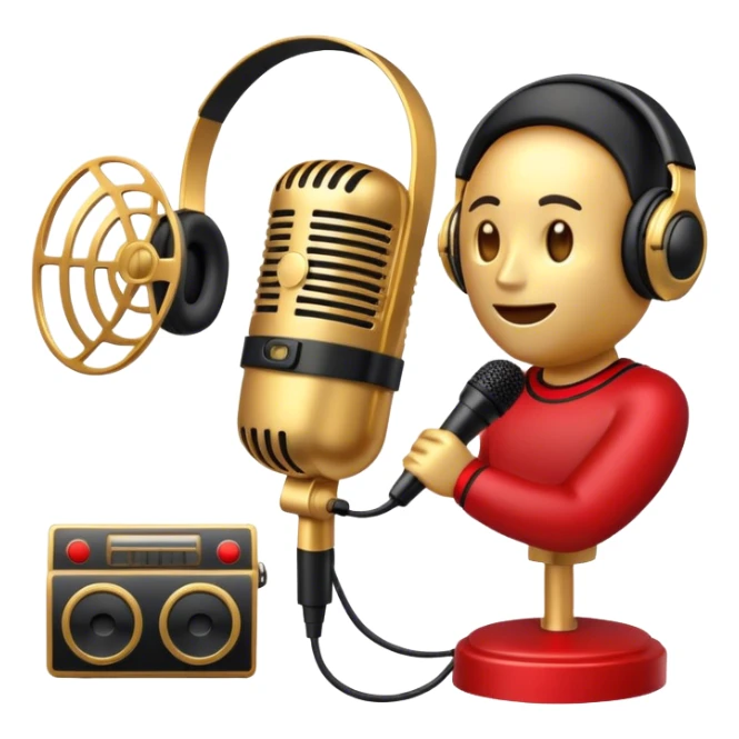 Create a dynamic and cinematic emoji that represents voice-over and dubbing in films. The design should feature a microphone, sound waves, and a film reel or movie clapperboard, symbolizing the connection between voice acting and film production. Add elements like headphones or a voice actor's silhouette to emphasize the human element of dubbing. Use vibrant, cinematic colors like gold, black, and red to create a sense of drama and creativity. The background should be transparent. sticker