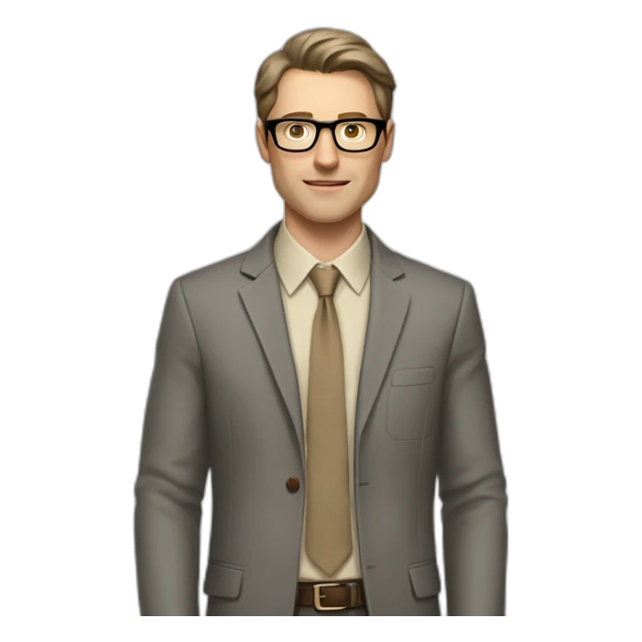 Full height Actively Gesturing Pale skinned fit man with dark brown hair in gray jacket, beige office shirt, brown tie, brown pants and vintage glasses. sticker