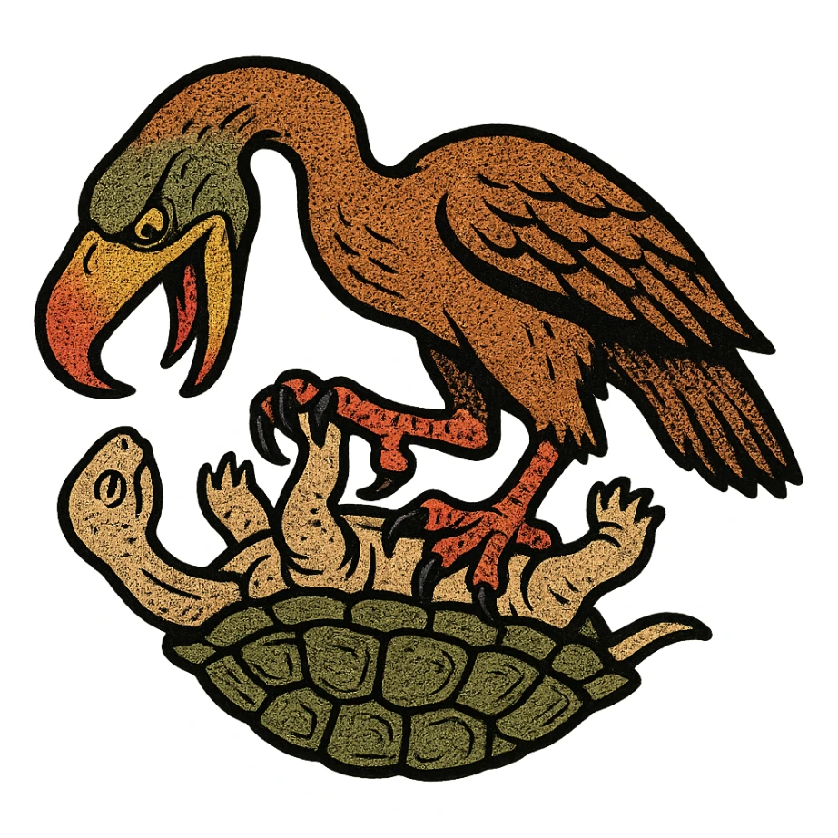 an insignia for a flag: a strange foreign alien bird creature, resembling a prehistoric phorusrhacos, gripping a upside-down tortoise [on its back] with a claw with its' beak tearing down into it
 sticker