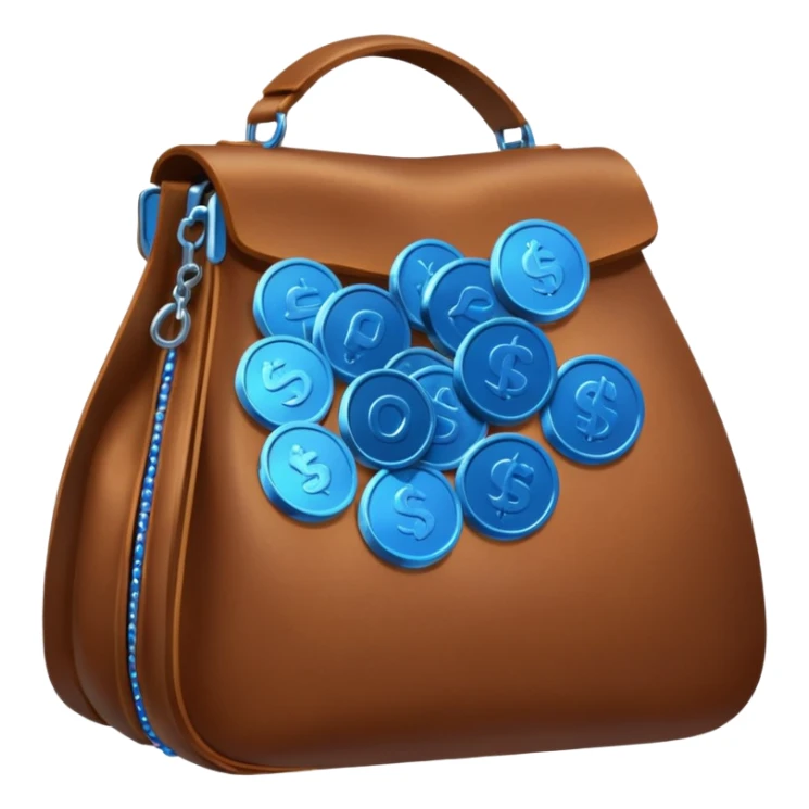 blue coins inside a brown leather bag  sticker