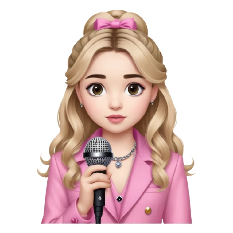 Sabrina Carpenter in a fancy pink outfit with a microphone sticker