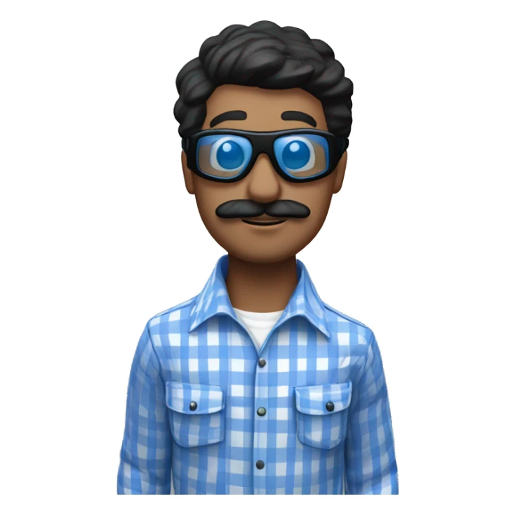 White man with straight black hair and thick black mustache, wearing a buttoned up blue and white gingham shirt and black skydiving goggles sticker