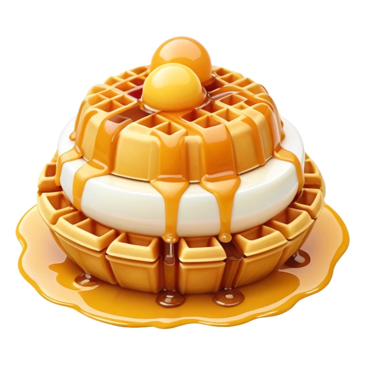 3D rendered hyper-realistic Hong Kong egg waffle with condensed milk drizzle, glossy golden bubbles, vibrant colors, candy-like texture, detailed bubble surfaces, fun presentation, soft lighting sticker