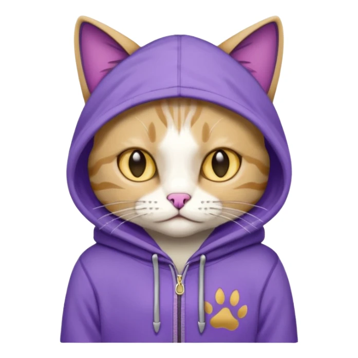 Cat wearing a purple and gold hoodie that says “ΩΨΦ» sticker