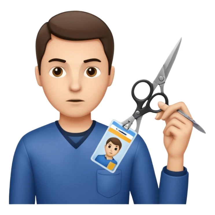 Scissors cutting man ID card in 2 parts. Realistic sticker