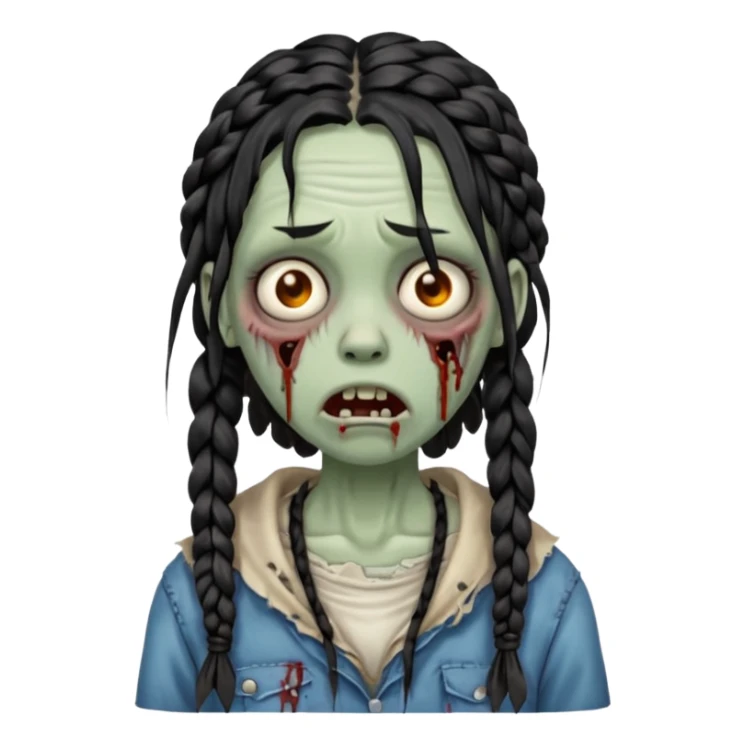 make a zombie with a droopy mouth girl with black knotless braids  sticker