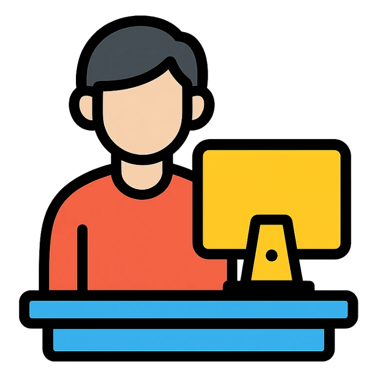 a person at a desk with a computer, representing a designer, colorful lineal icon with black outlines sticker
