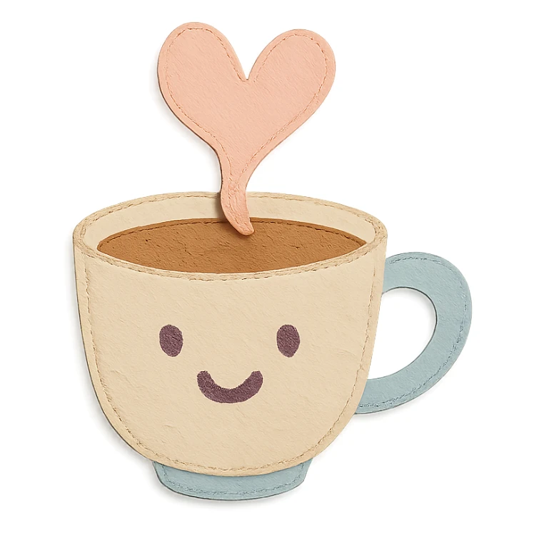 coffee cup with cute heart-shaped steam, smiling face, soft pastel hand-drawn style sticker