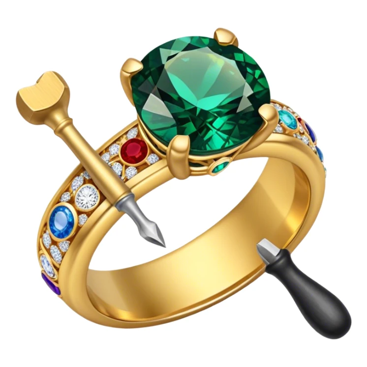 Create a bright and eye-catching emoji symbolizing jewelry craftsmanship and the art of making jewelry. Include a sparkling gemstone, a delicate ring, and tools like a hammer or chisel. The design should be elegant, with fine details and a luxurious feel, representing the precision and artistry of jewelry making. Use vivid colors like gold, silver, and deep jewel tones for the gemstone. Ensure the icon has a transparent background. sticker