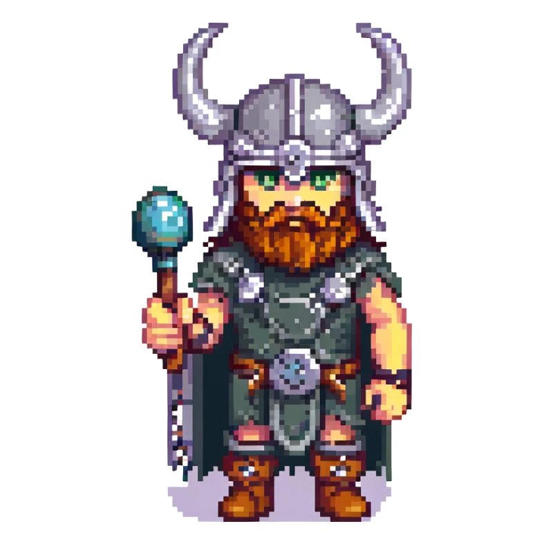 viking gamer, pixel art style, horned helmet, holding a joystick, retro vibe sticker