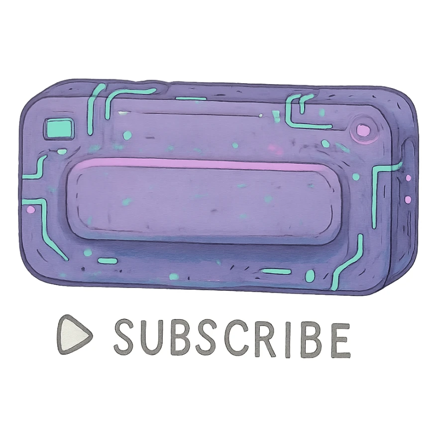 a lavender "subscribe" button, future, cyberpunk
the words appear below a triangle pointed to the right

 sticker