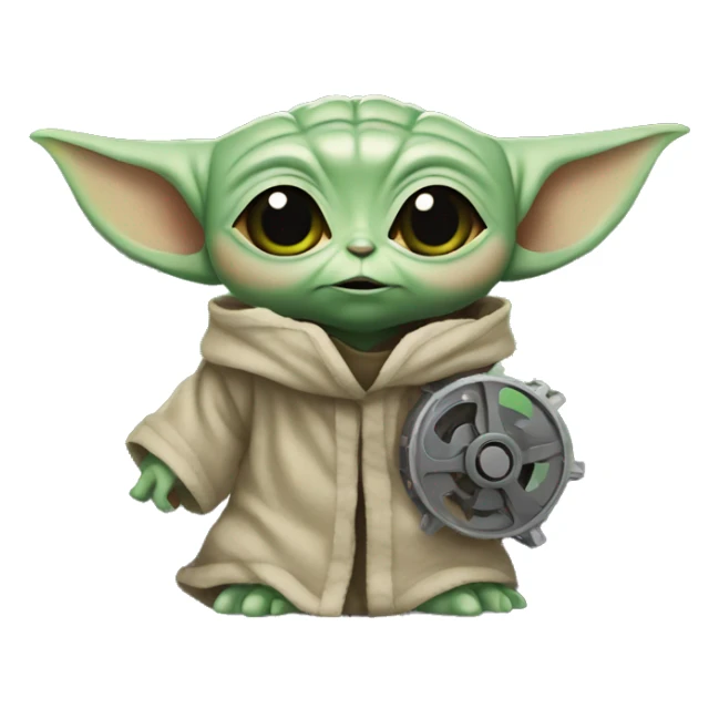 Baby Yoda with a scared face holding a gear sticker