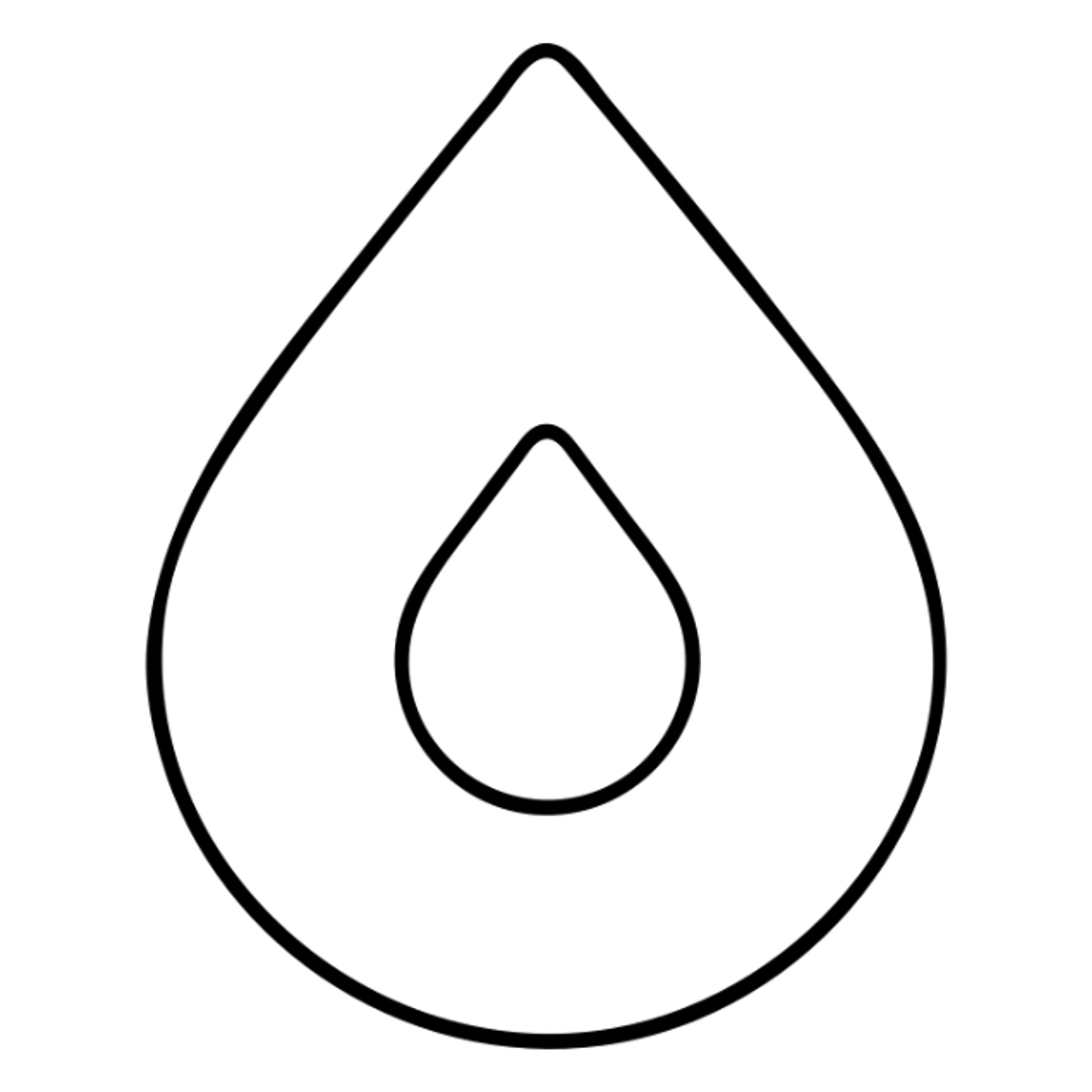 minimalist vector logo of a white rounded water drop pointing upwards with a small inverted drop-shaped cutout inside, centered, surrounded symmetrically by four rounded cyan blue (#00DFFF) corners forming an incomplete square frame with straight outer edges and rounded inner edges, on a vivid saturated blue (#0000FF) background, very geometric, symmetrical, no shading or 3D effect sticker