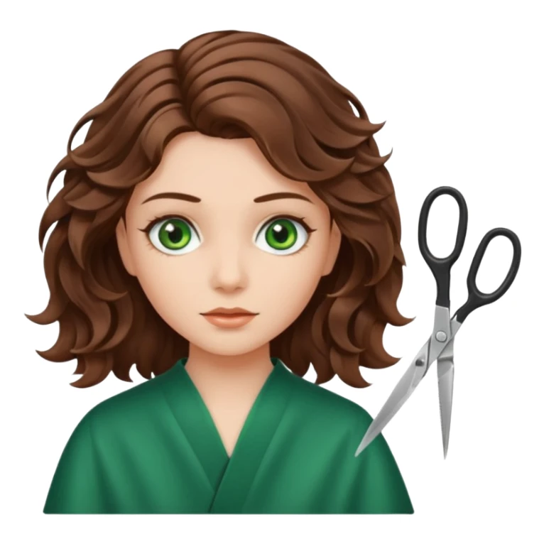 Girl with green eyes and brown wavy hair getting haircut with scissors sticker