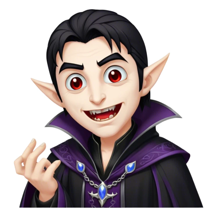 Cinematic Realistic WoW Vampire Mage Portrait, head tilted dramatically with an exaggeratedly amused expression, blending ominous mystique with a wry, unexpected charm. His pallid skin, sleek dark hair, and intricately detailed black robe with silver accents are rendered with lifelike texture and moody, dynamic lighting, high shine, dramatic yet whimsical, capturing a dark mage who wields ancient power with a mischievous glint. sticker