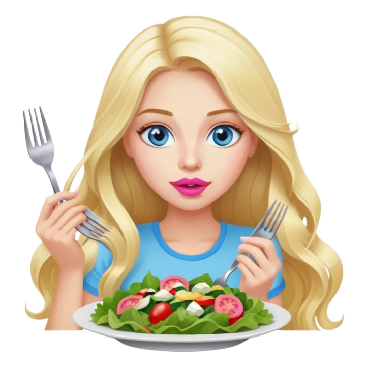 A cinematically realistic blonde with long hair, blue eyes and pink lips eats a salad with a fork sticker