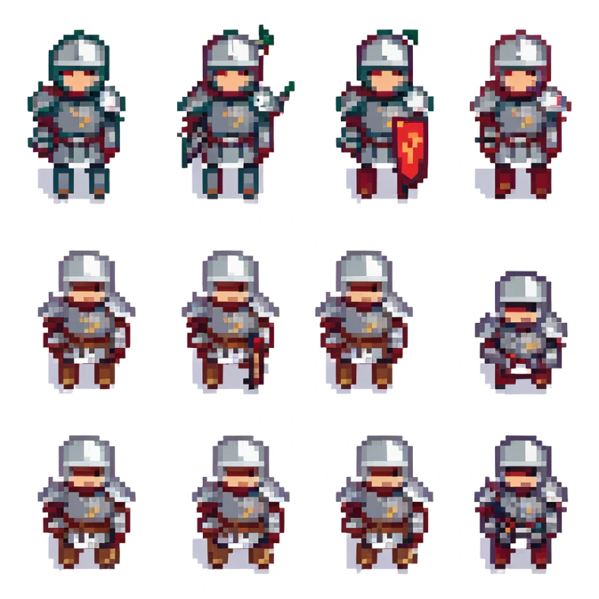 A pixel art knight in armor with a closed helmet, expressing disappointment. The knight's arms and legs are in different positions. The image is portrait-sized and has a clear outline. sticker