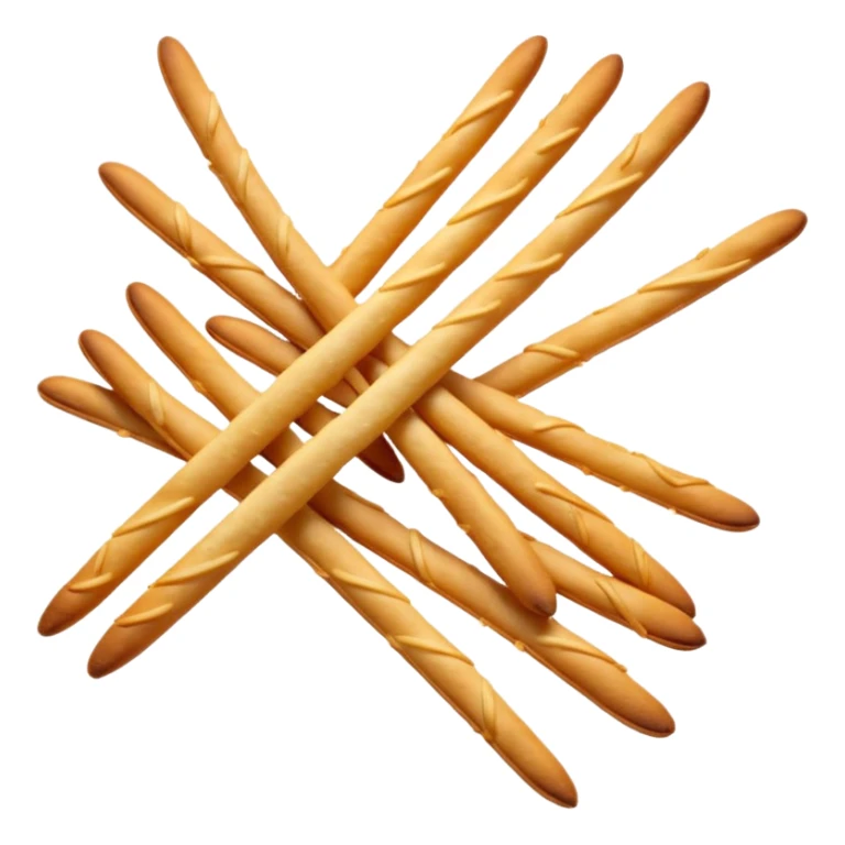 loose cluster of thin crunchy breadsticks with golden-brown slightly blistered surface and subtle curves, straight or slightly uneven sticks, crisp dry textures, rustic baked look, no packaging, no dip, no extras, soft lighting, subtle shadows, emoji scale sticker