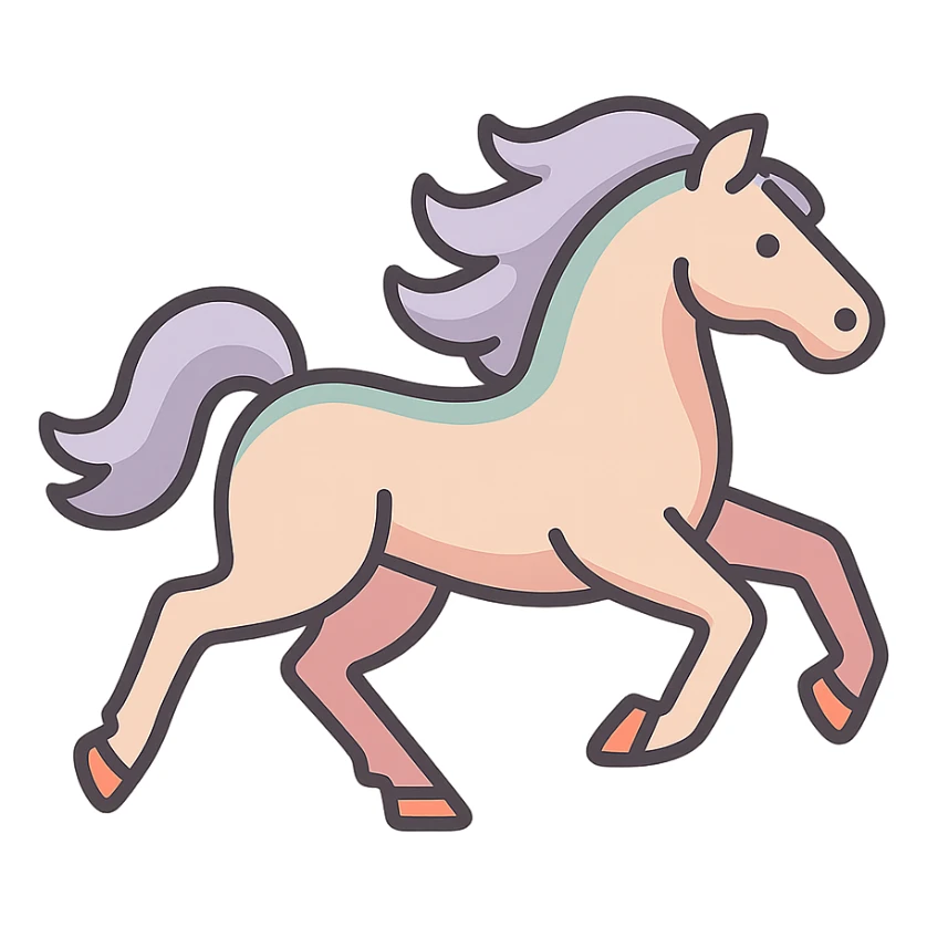 Chinese eastern style horse galloping, fourth frame of sequence, thin clean contours, soft rounded shapes, pastel palette #98B5BC, #B5B3C1, #C9A3C9, #E4C0CA, #F7DCD1, #F7C0AA, detailed shadows and highlights, soft lighting, transparent background, less cute, no decorative elements, silhouette and appearance as in reference sticker