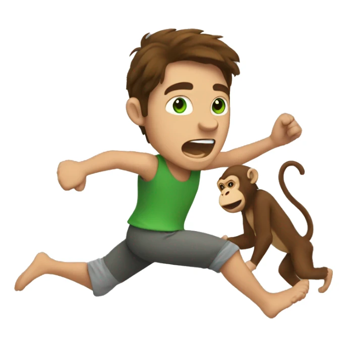 Man with brown hair and green eyes running from a monkey  sticker