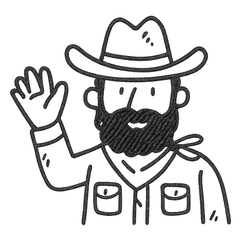 bearded cowboy raising hand, hand drawn style sticker