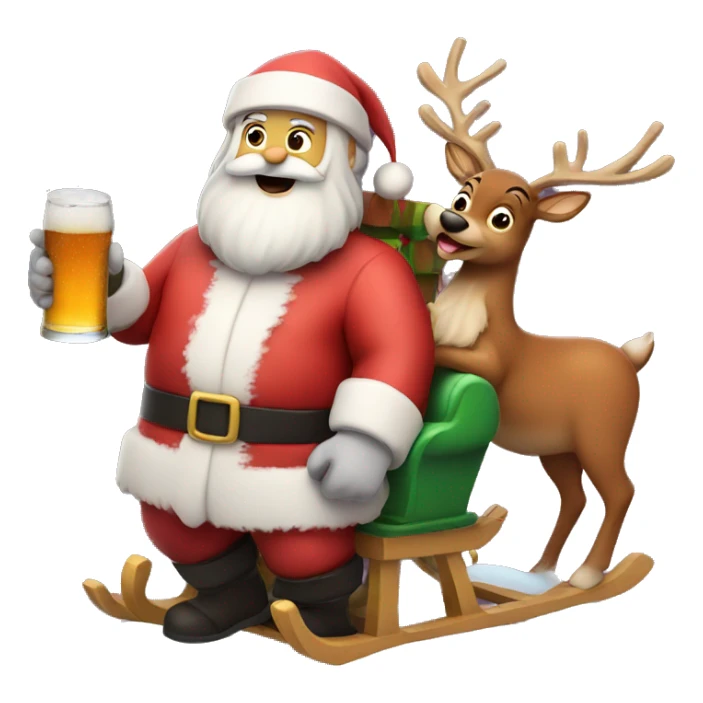 Santa holding beer on the sled with rudolph sticker