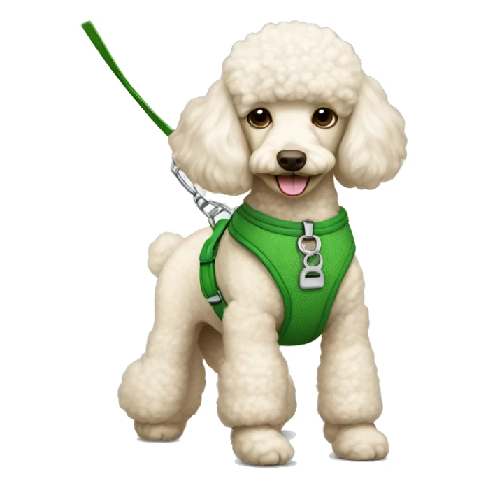 Cream poodle with a green harness and a green leash. sticker