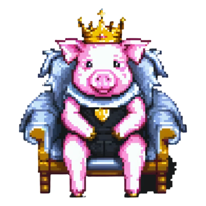 minimal abstract pixel art pig with a golden crown sitting on a throne, blocky and square like Minecraft, very few pixels sticker