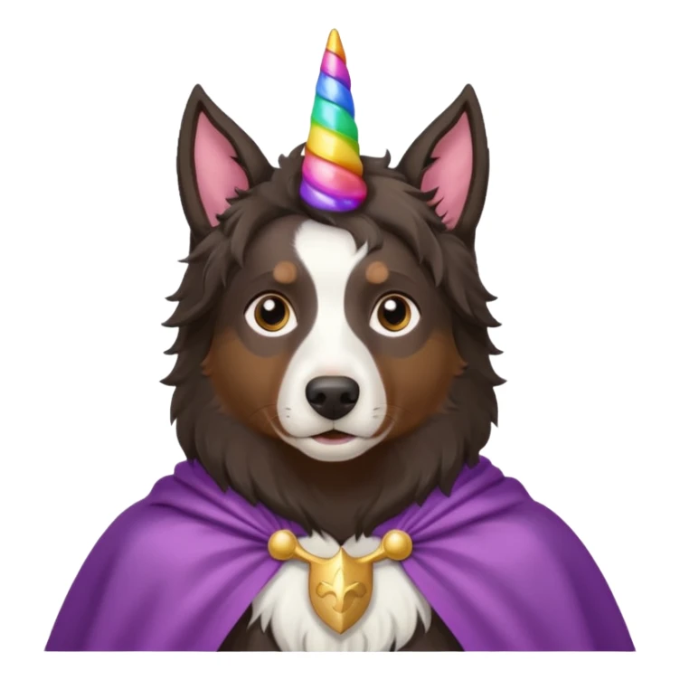 A daar autralian sheperd with a unicorn horn and a cape sticker