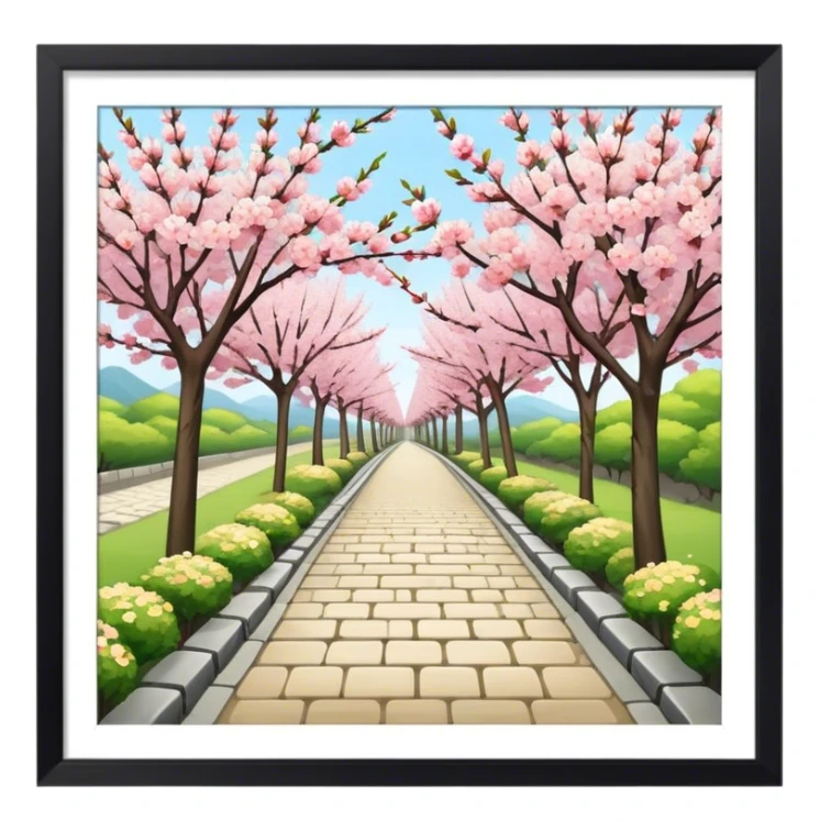 Blossom trees in Japan next to a footpath sticker