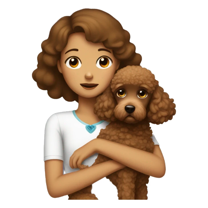Girl with sad eyes hugs a brown poodle sticker