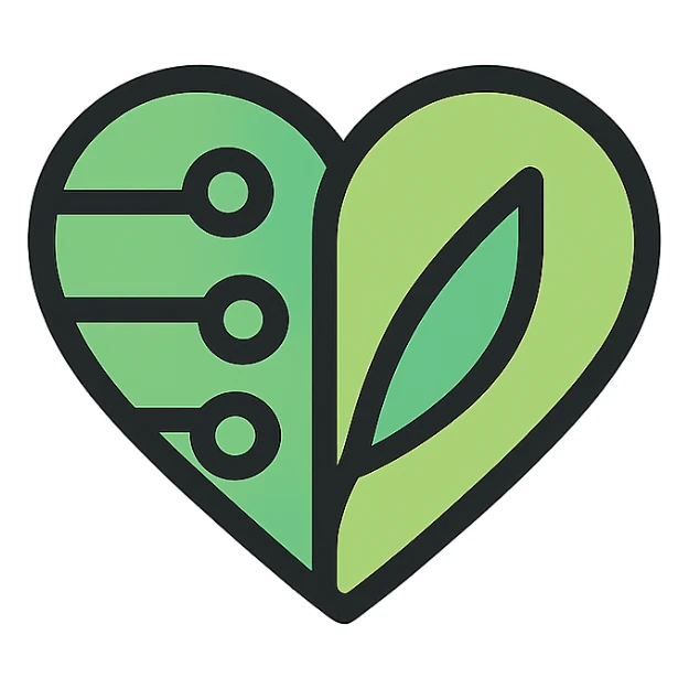 minimalist emoji-like icon representing health and technology, green heart with embedded circuits on the left and a leaf shape on the right, clean flat style, optimized for small sizes 32x32 px sticker