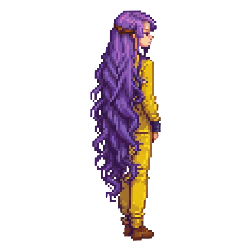 Girl with long purple hair that flows down her back, pixel art style sticker