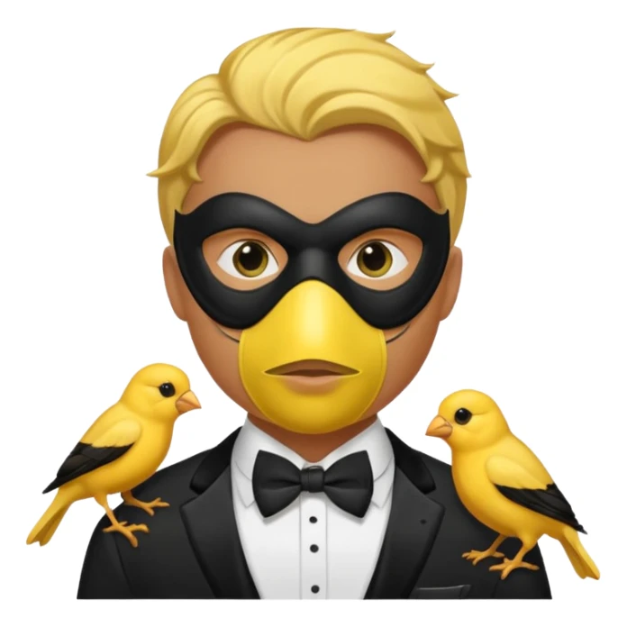 A man facing forward wearing a tuxedo with a mask depicting a yellow canary. sticker