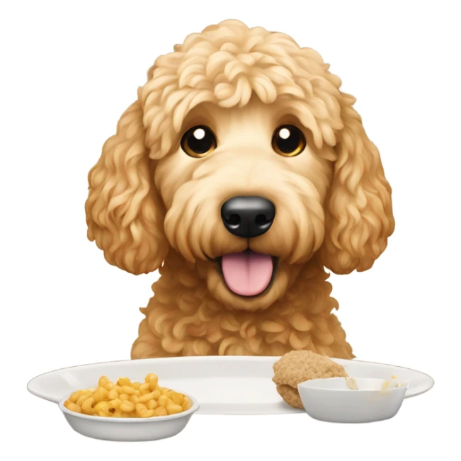 Golden doodle eating food sticker