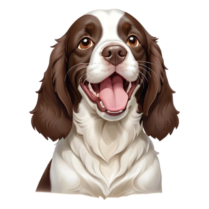Cinematic Cute Yawning Springer Spaniel Portrait Emoji, Head tilted slightly with a dramatic, wide-open yawn, showcasing a smooth Fur of liver and white with crisp markings, floppy ears slightly drooping, round brown eyes barely open in drowsy contentment, Simplified yet irresistibly adorable features, highly detailed, glowing with a soft, cozy glow, high shine, relaxed yet expressive, stylized with a touch of whimsy, bright and endearing, soft glowing outline, capturing the essence of a sleepy yet affectionate companion, so drowsy it feels like it could stretch right out of the screen and curl up for a nap! sticker