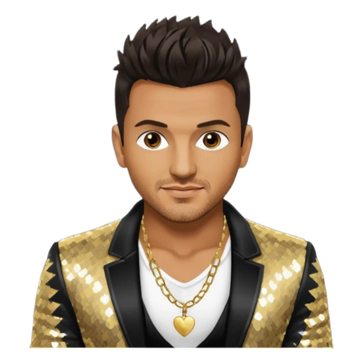 Peter Andre with dark brown hair, black sequin jacket, shirtless with necklace sticker