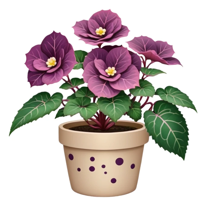 Begonia Rex plant in beige pot with only foliage, no flowers. Each leaf has dark green color, purple edges, white spots in middle, and clear spiral pattern at center where leaf grows sticker