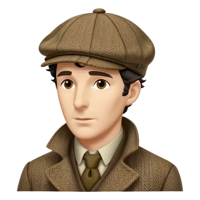 sherlock holmes, wearing a deerstalker hat with the fabric is often tweed, which features a subtle checkered or herringbone pattern with darker and lighter threads woven together, creating texture and depth.  sticker